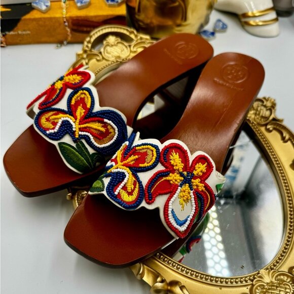 🆕 TORY BURCH 🧿 NWOT Bianca Floral Bead Embellished Slide Sandal - Ivory Multi - Picture 7 of 16